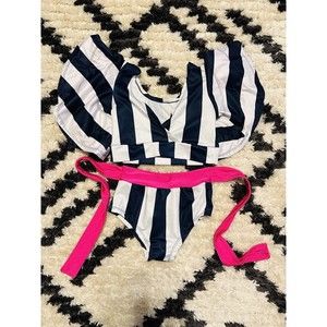 Girls 2 Piece Swimsuit Bathing Suit Navy White Striped Pink Flowy Sleeves Sz 130